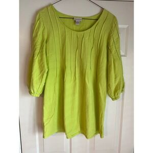 Soft Surroundings‎ Cotton Tunic Top Pleated Front 3/4 Sleeve Chartreuse S